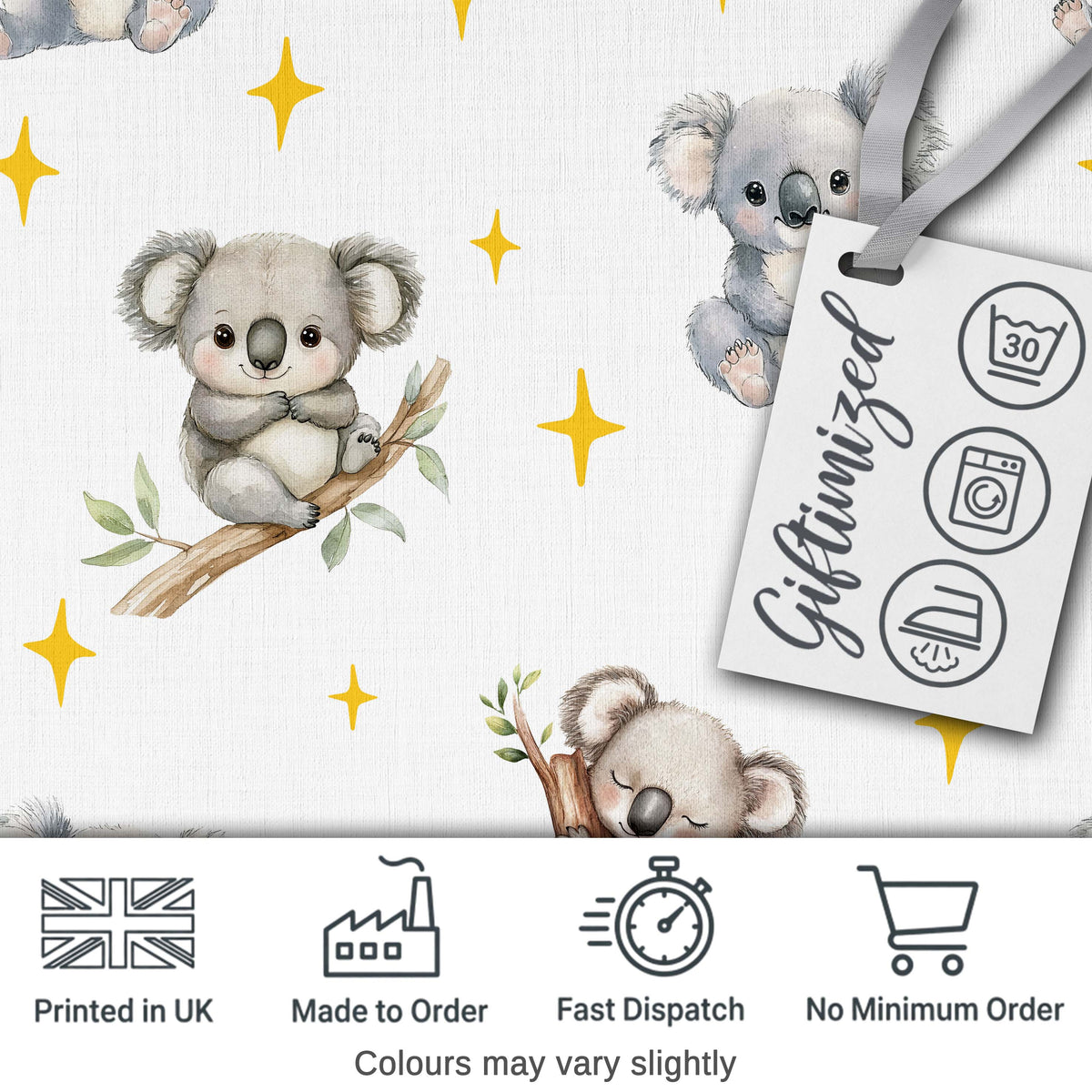 Cute Baby Koala Bears with Yellow Stars on Light Grey Background Digital Print Fabric by the Metre UK Sewing Quilting Textile