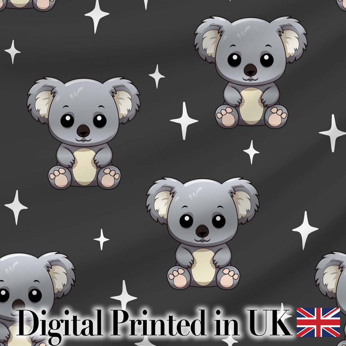 Cute Cartoon Koala Bears with White Stars on Dark Grey Background Digital Print Fabric by the Metre UK Sewing Quilting Textile