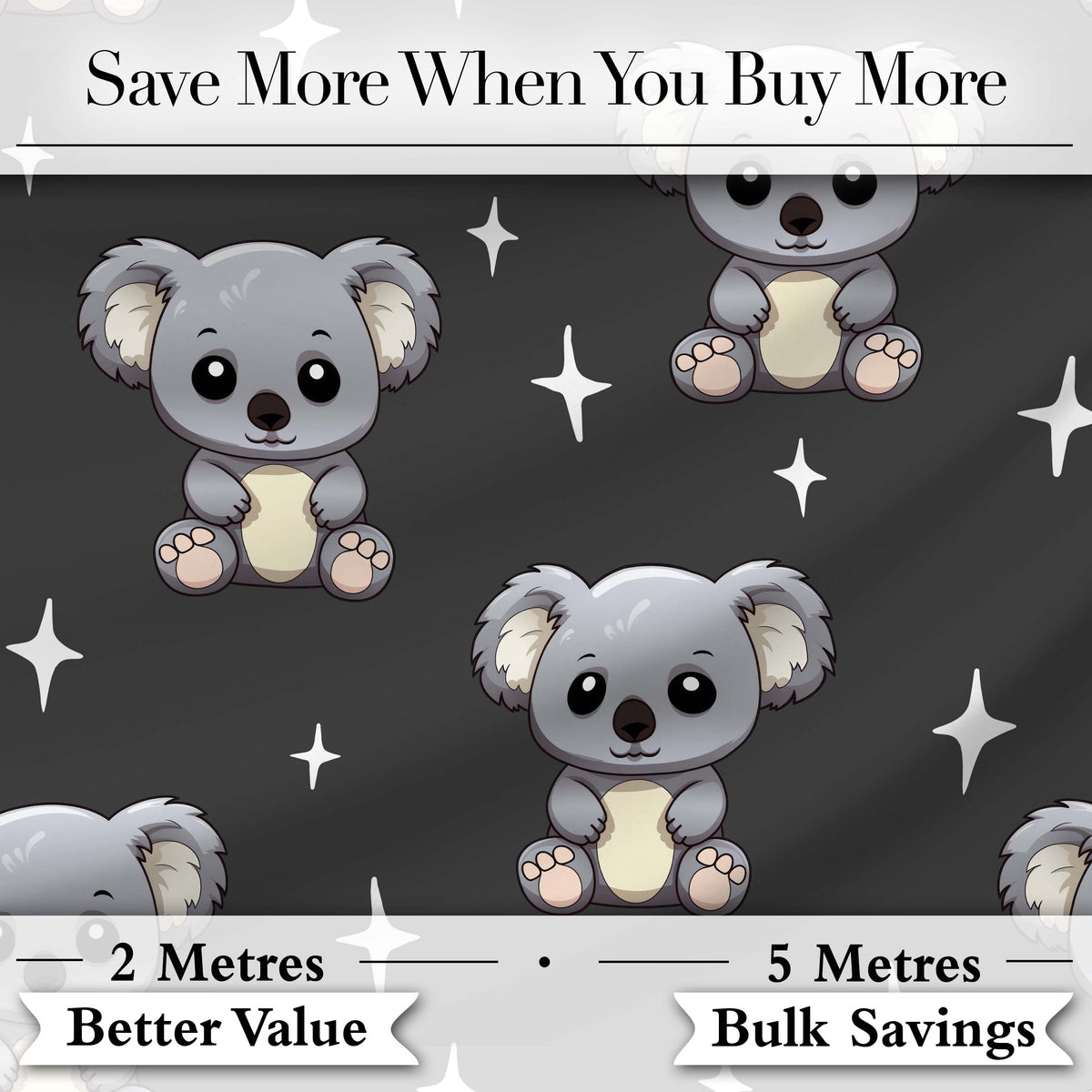 Cute Cartoon Koala Bears with White Stars on Dark Grey Background Digital Print Fabric by the Metre UK Sewing Quilting Textile