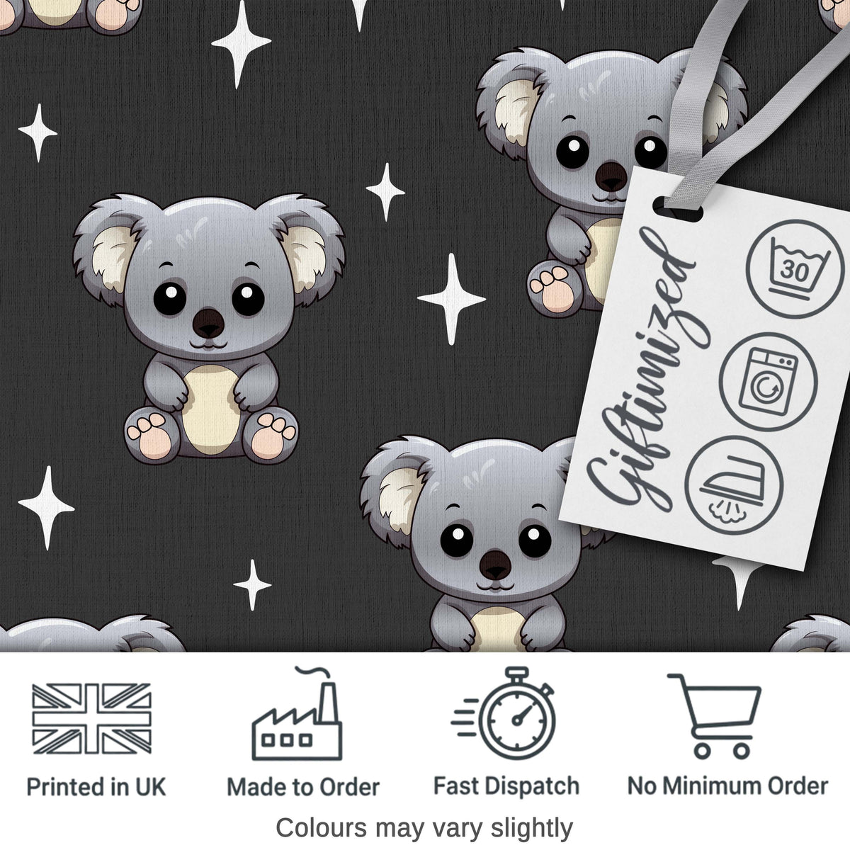 Cute Cartoon Koala Bears with White Stars on Dark Grey Background Digital Print Fabric by the Metre UK Sewing Quilting Textile