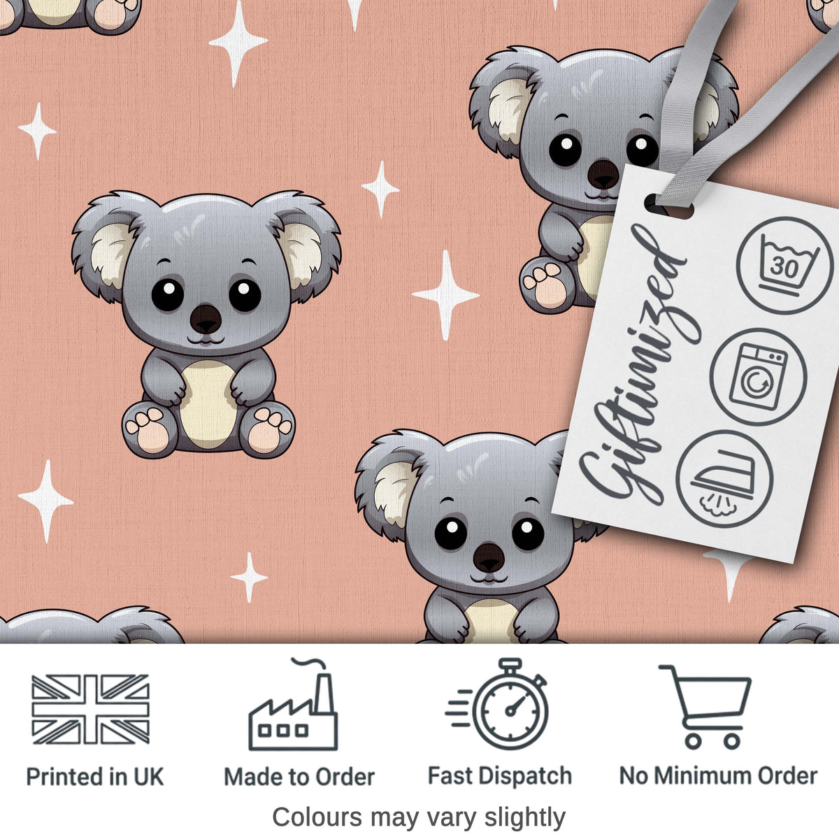 Cute Cartoon Koala Bears with White Stars on Peach Background Seamless Pattern Digital Print Fabric by the Metre UK Sewing Quilting Textile