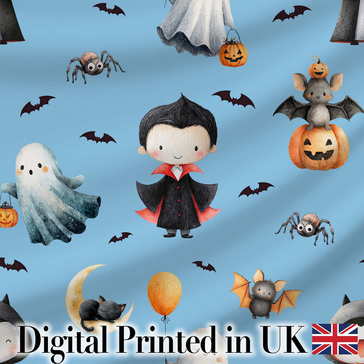 Cute Halloween Dracula Ghost Bats on Blue Background Seamless Pattern Digital Print Fabric by the Metre UK Sewing Quilting Textile