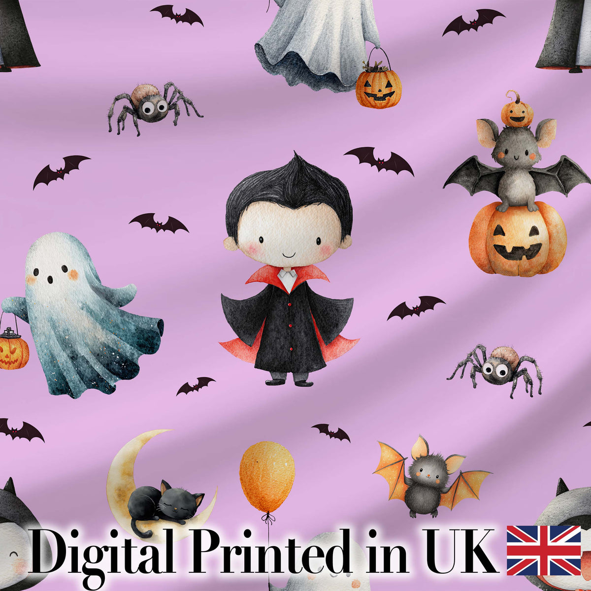 Cute Halloween Dracula Ghost Bats on Purple Background Seamless Pattern Digital Print Fabric by the Metre UK Sewing Quilting Textile