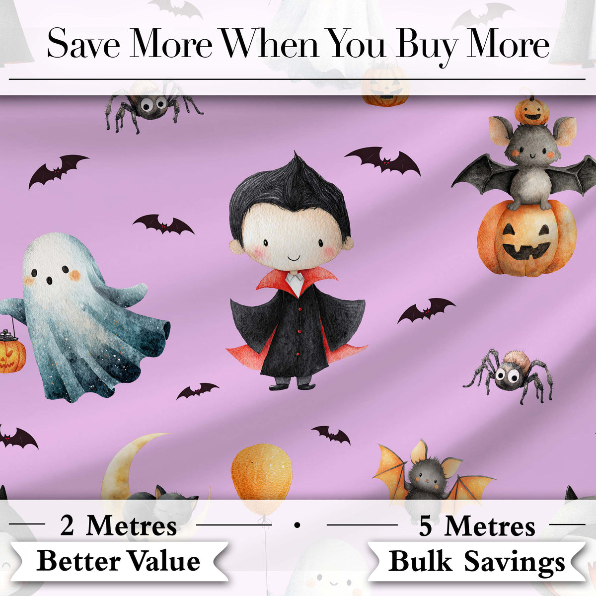 Cute Halloween Dracula Ghost Bats on Purple Background Seamless Pattern Digital Print Fabric by the Metre UK Sewing Quilting Textile
