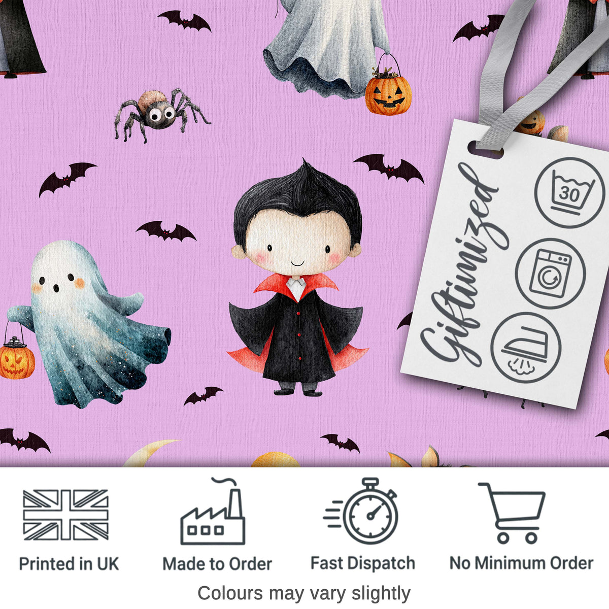 Cute Halloween Dracula Ghost Bats on Purple Background Seamless Pattern Digital Print Fabric by the Metre UK Sewing Quilting Textile