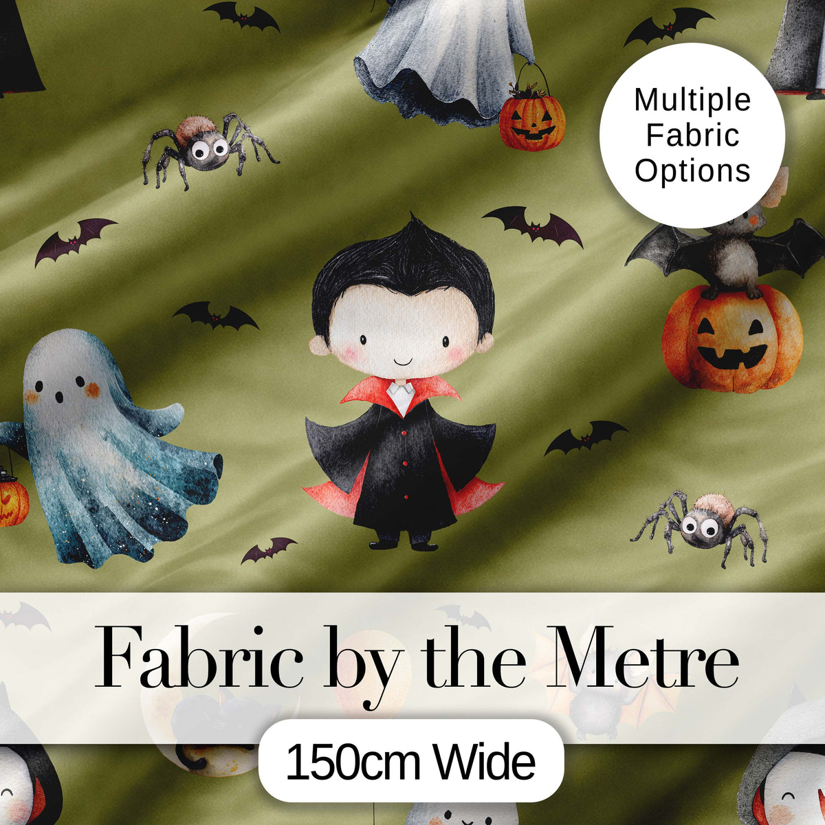 Cute Halloween Dracula Ghost Bats on Olive Green Background Seamless Pattern Digital Print Fabric by the Metre UK Sewing Quilting Textile