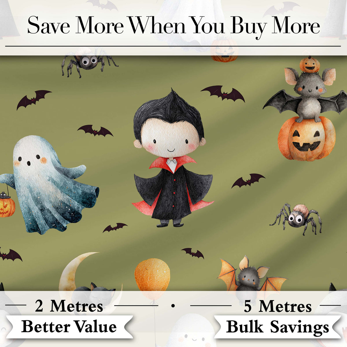 Cute Halloween Dracula Ghost Bats on Olive Green Background Seamless Pattern Digital Print Fabric by the Metre UK Sewing Quilting Textile