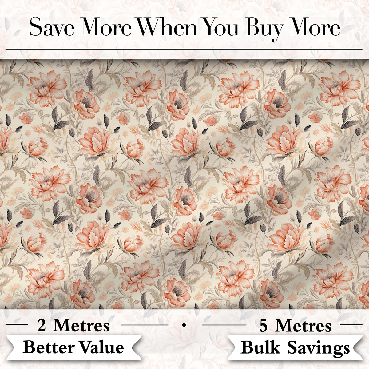 Elegant Peach Floral Blossoms on Soft Cream Background Seamless Pattern Digital Print Fabric by the Metre UK Sewing Quilting Textile