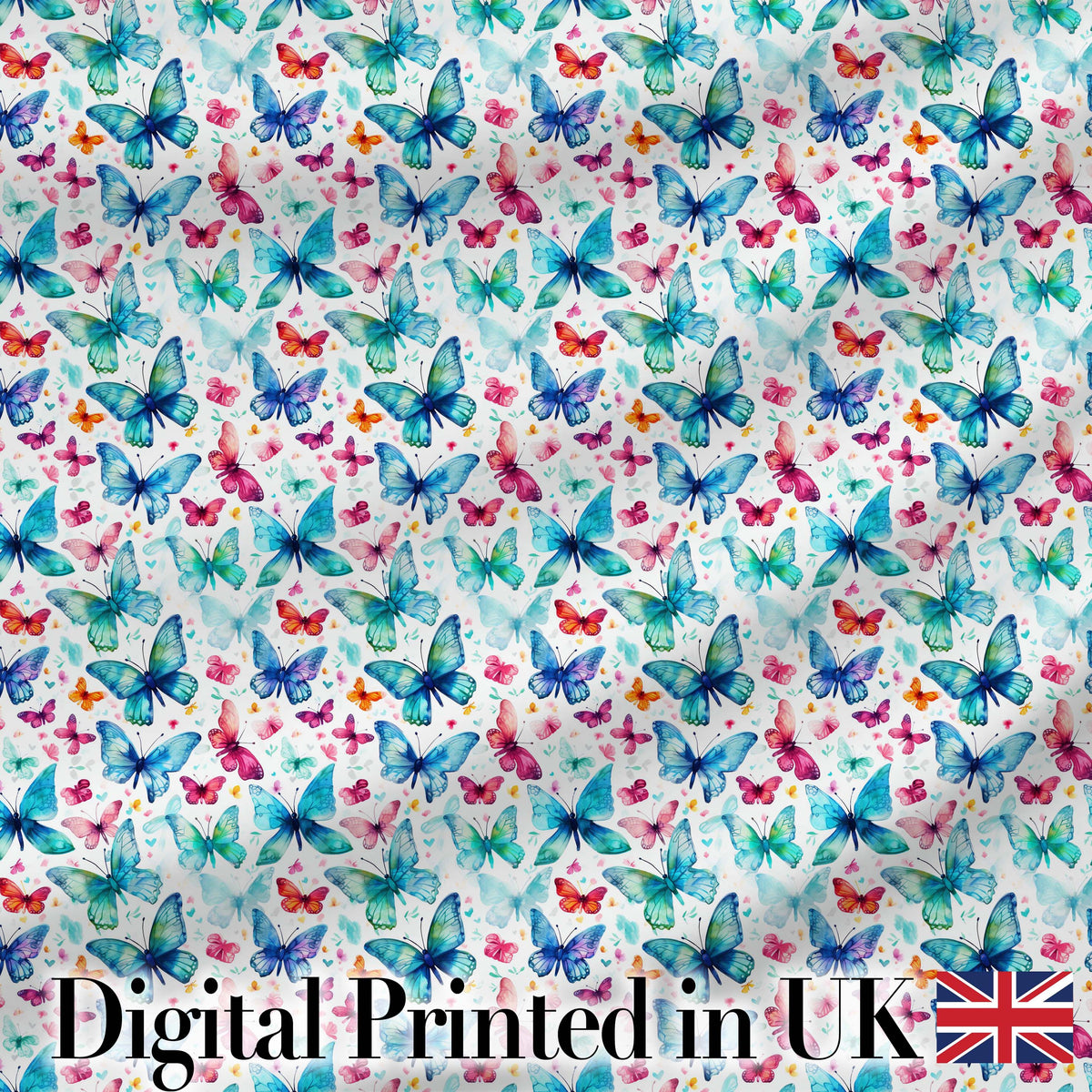 Cute Blue and Pink Butterflies with Heart Accents Seamless Pattern Digital Print Fabric by the Metre UK Sewing Quilting Textile