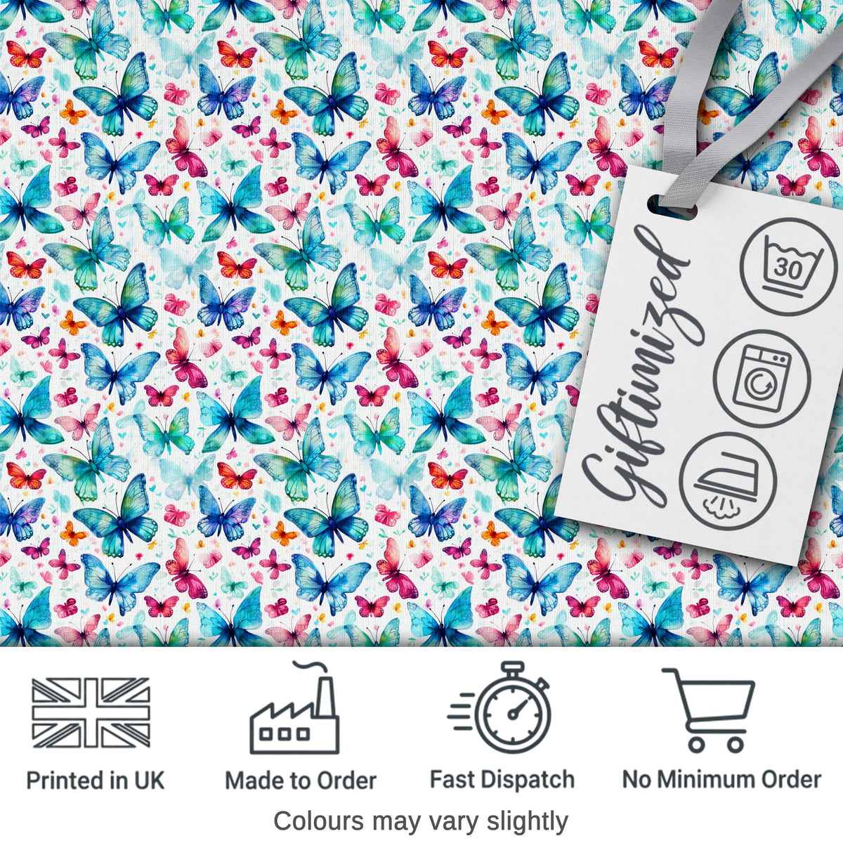 Cute Blue and Pink Butterflies with Heart Accents Seamless Pattern Digital Print Fabric by the Metre UK Sewing Quilting Textile