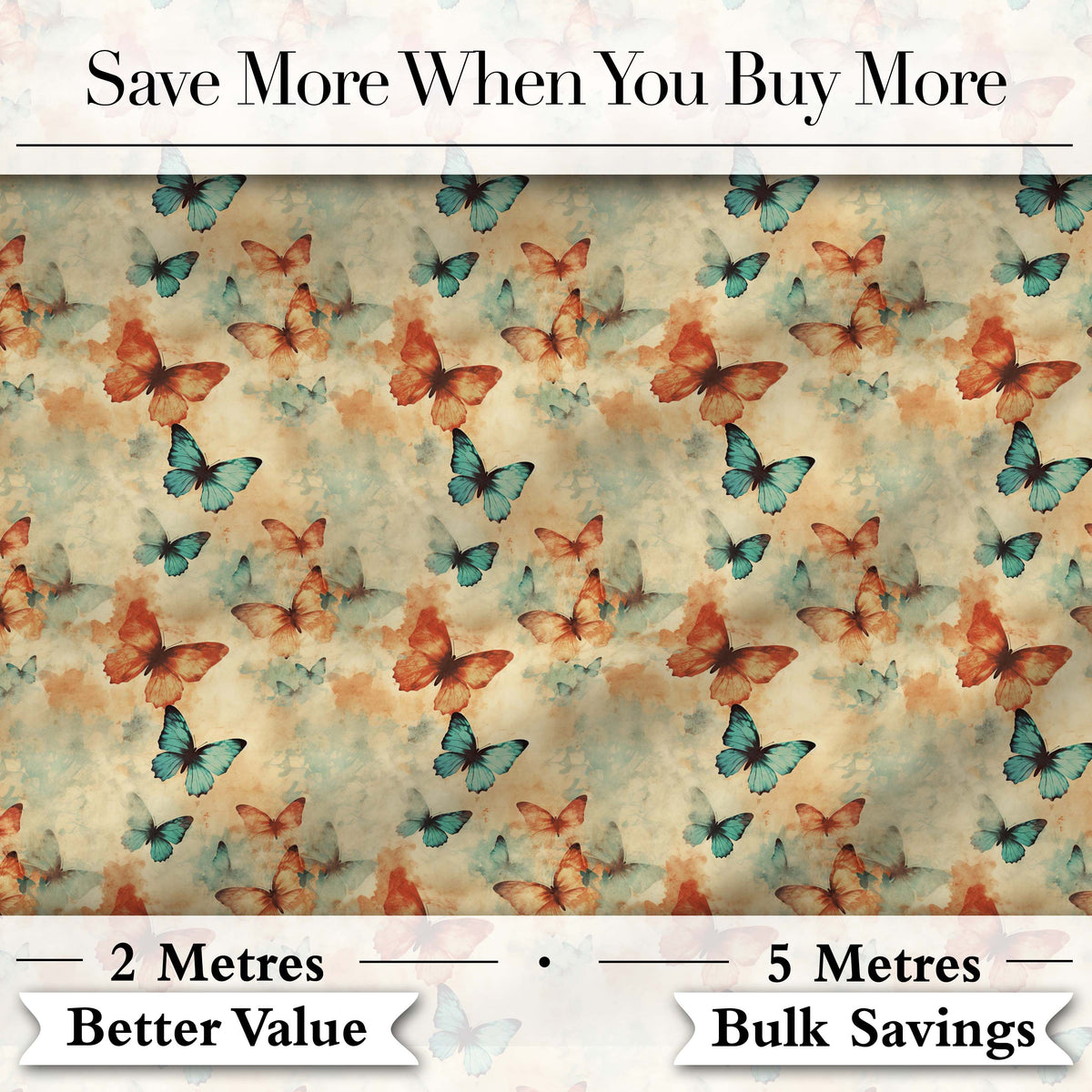 Warm Toned Butterflies with Artistic Vintage Wash Seamless Pattern Digital Print Fabric by the Metre UK Sewing Quilting Textile