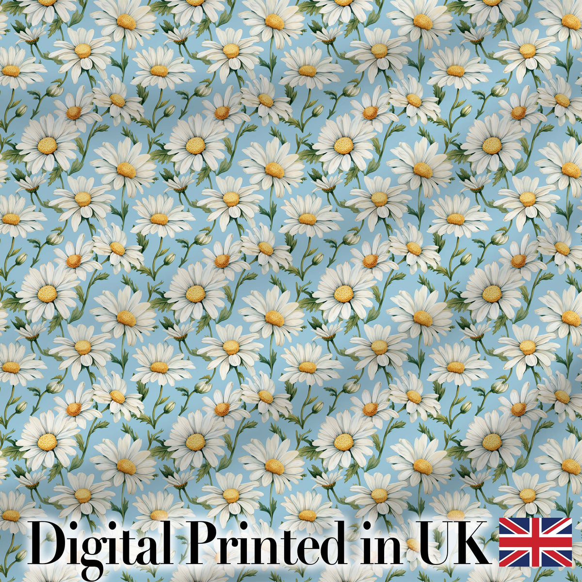 Classic White Daisies on Blue Background Seamless Pattern Digital Print Fabric by the Metre UK Sewing Quilting Textile