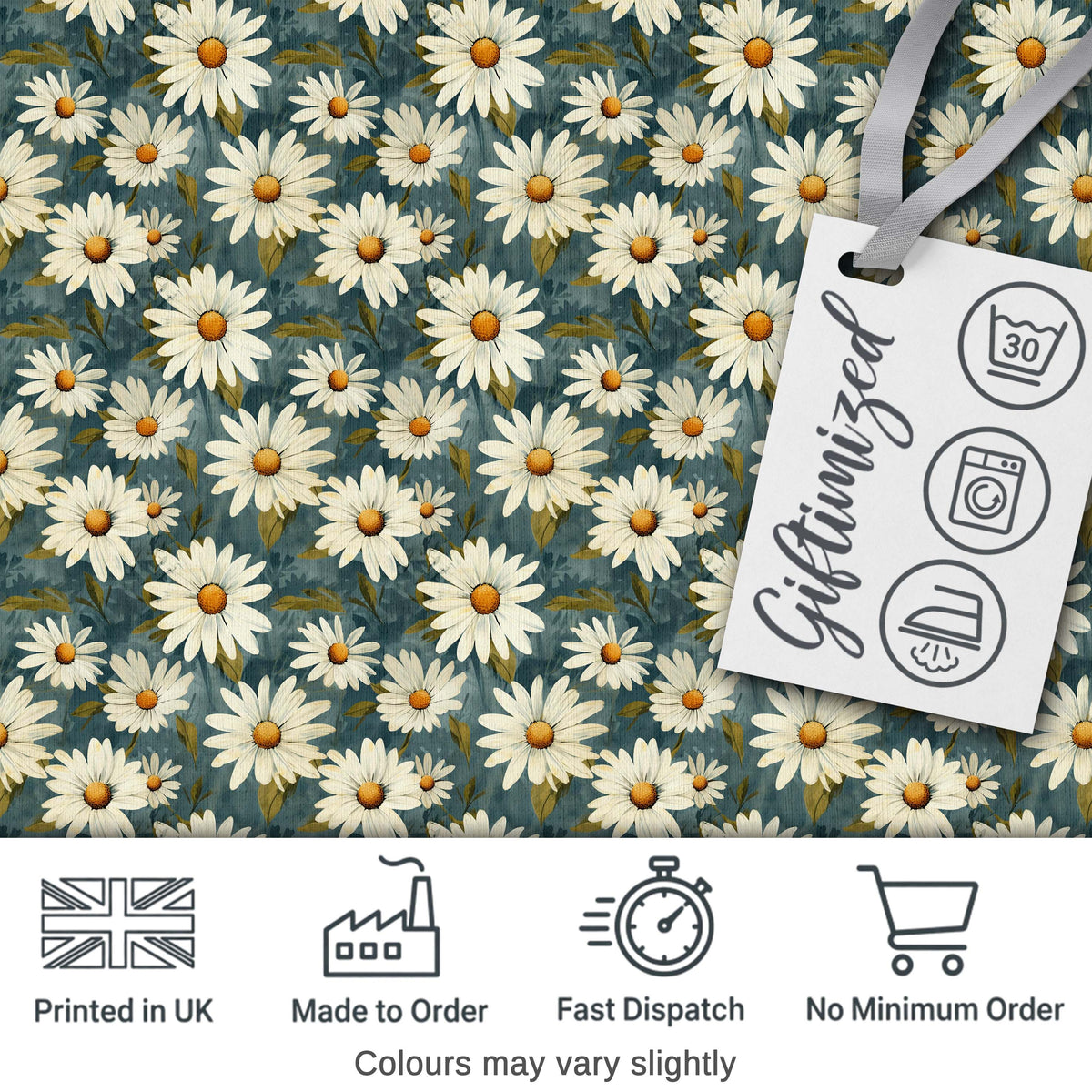 Dark Teal Background White Daisy Floral Seamless Pattern Digital Print Fabric by the Metre UK Sewing Quilting Textile