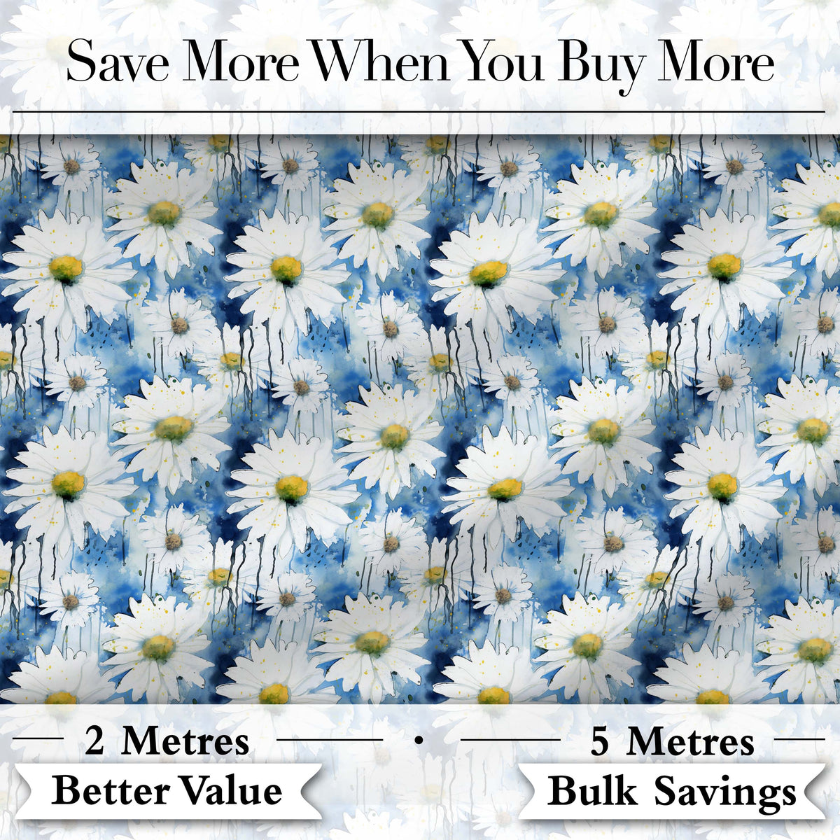 Blue Watercolor Drip Daisy Artistic Seamless Pattern Digital Print Fabric by the Metre UK Sewing Quilting Textile