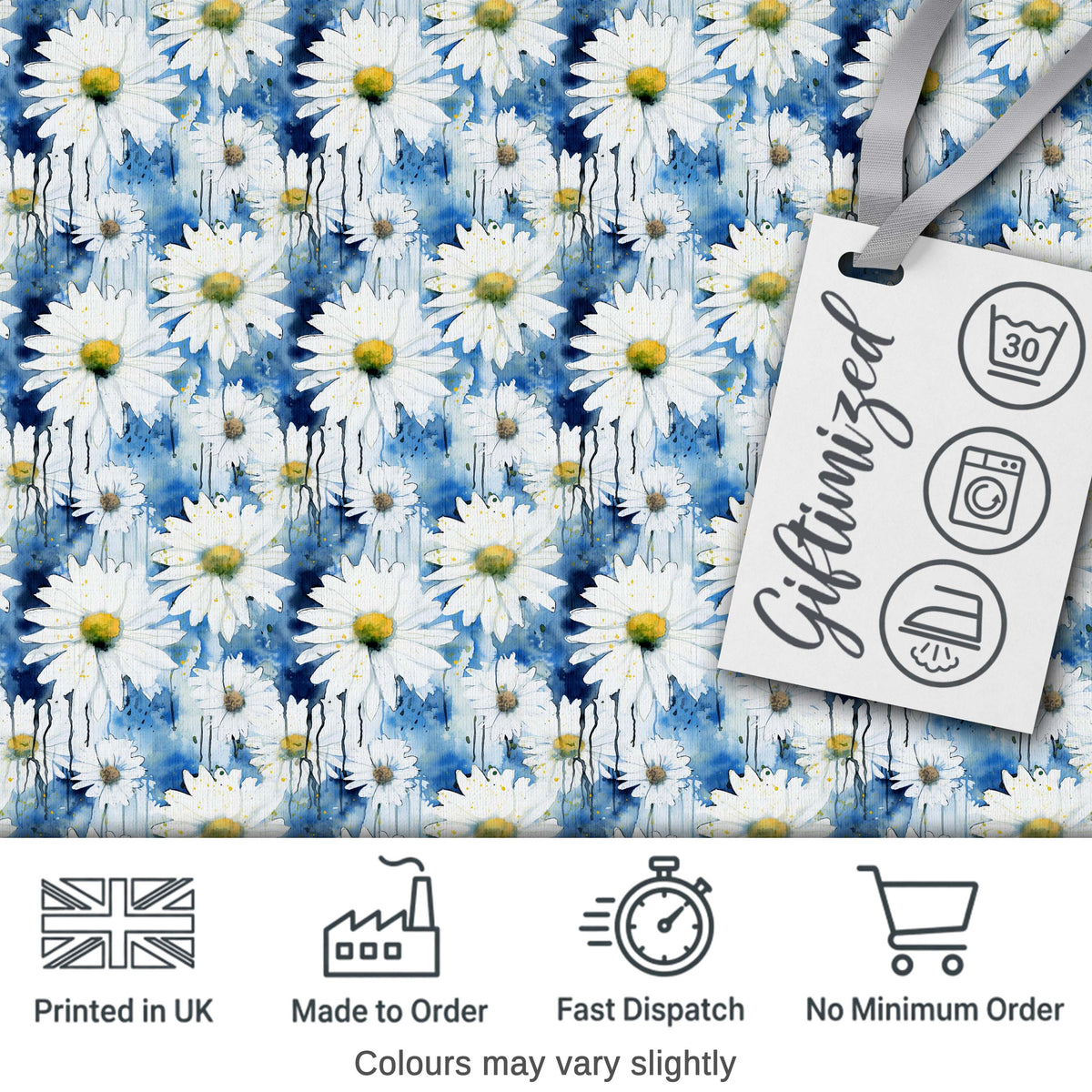 Blue Watercolor Drip Daisy Artistic Seamless Pattern Digital Print Fabric by the Metre UK Sewing Quilting Textile