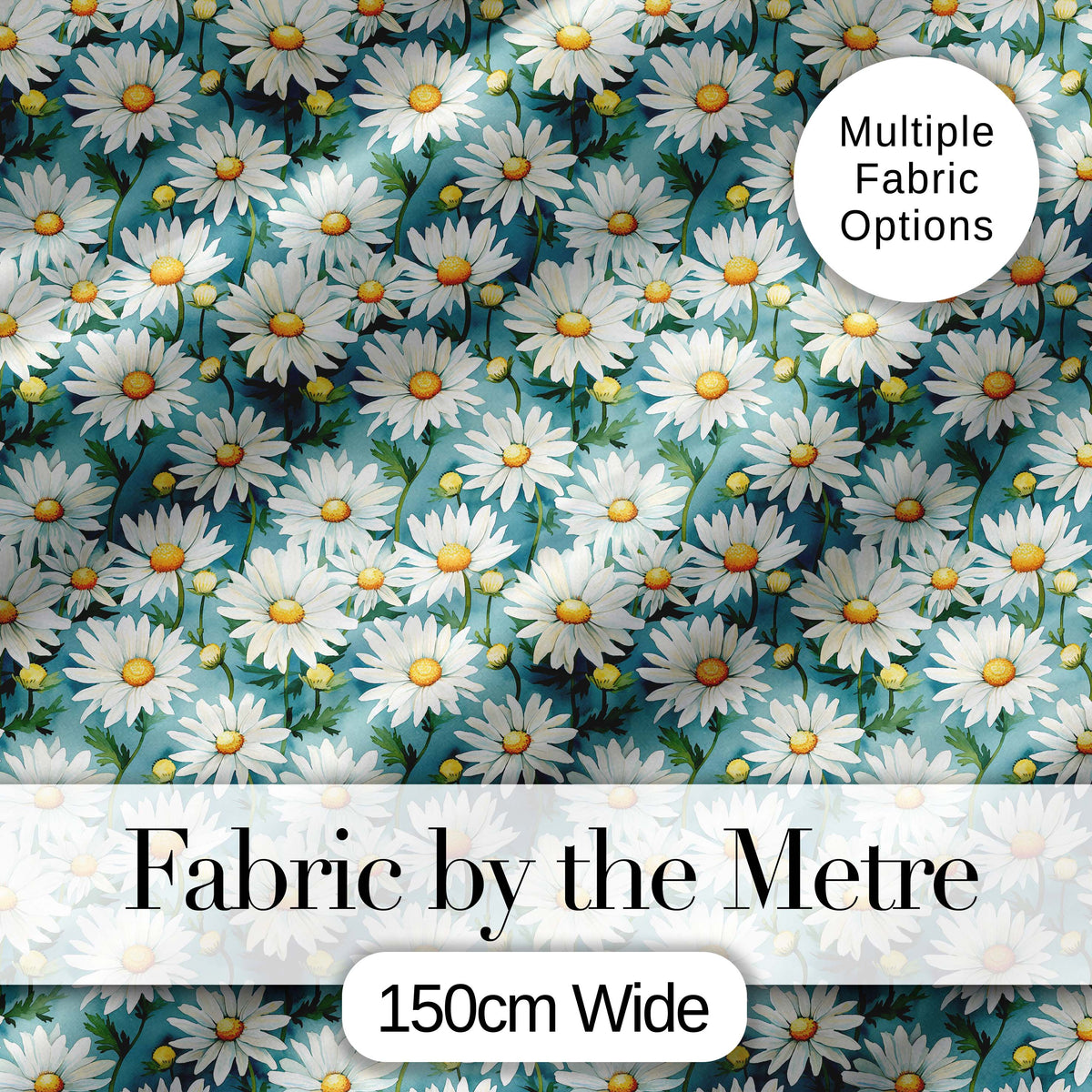 Teal Background White Daisy Garden Seamless Pattern Digital Print Fabric by the Metre UK Sewing Quilting Textile