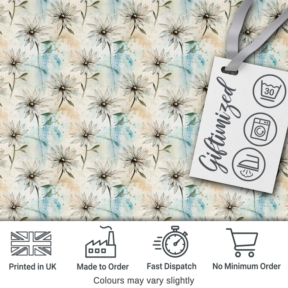 Minimal Neutral Botanical Flower Watercolor Seamless Pattern Digital Print Fabric by the Metre UK Sewing Quilting Textile