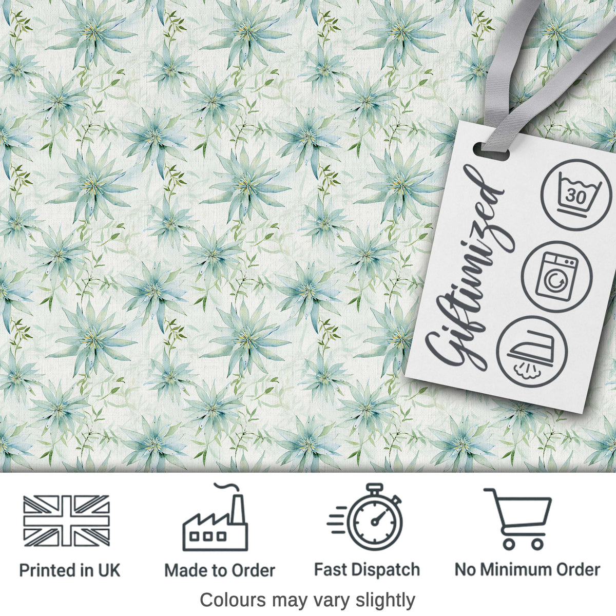 Soft Teal Starflower Watercolor Floral Seamless Pattern Digital Print Fabric by the Metre UK Sewing Quilting Textile