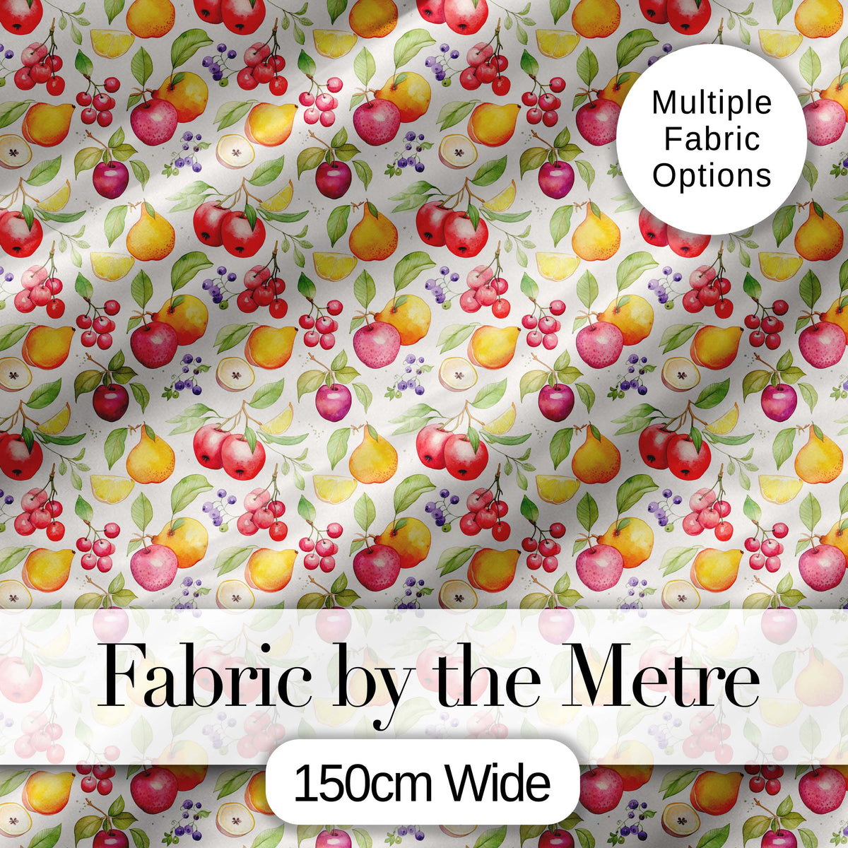 Fresh Apple Pear and Cherry Watercolor Seamless Pattern Digital Print Fabric by the Metre UK Sewing Quilting Textile