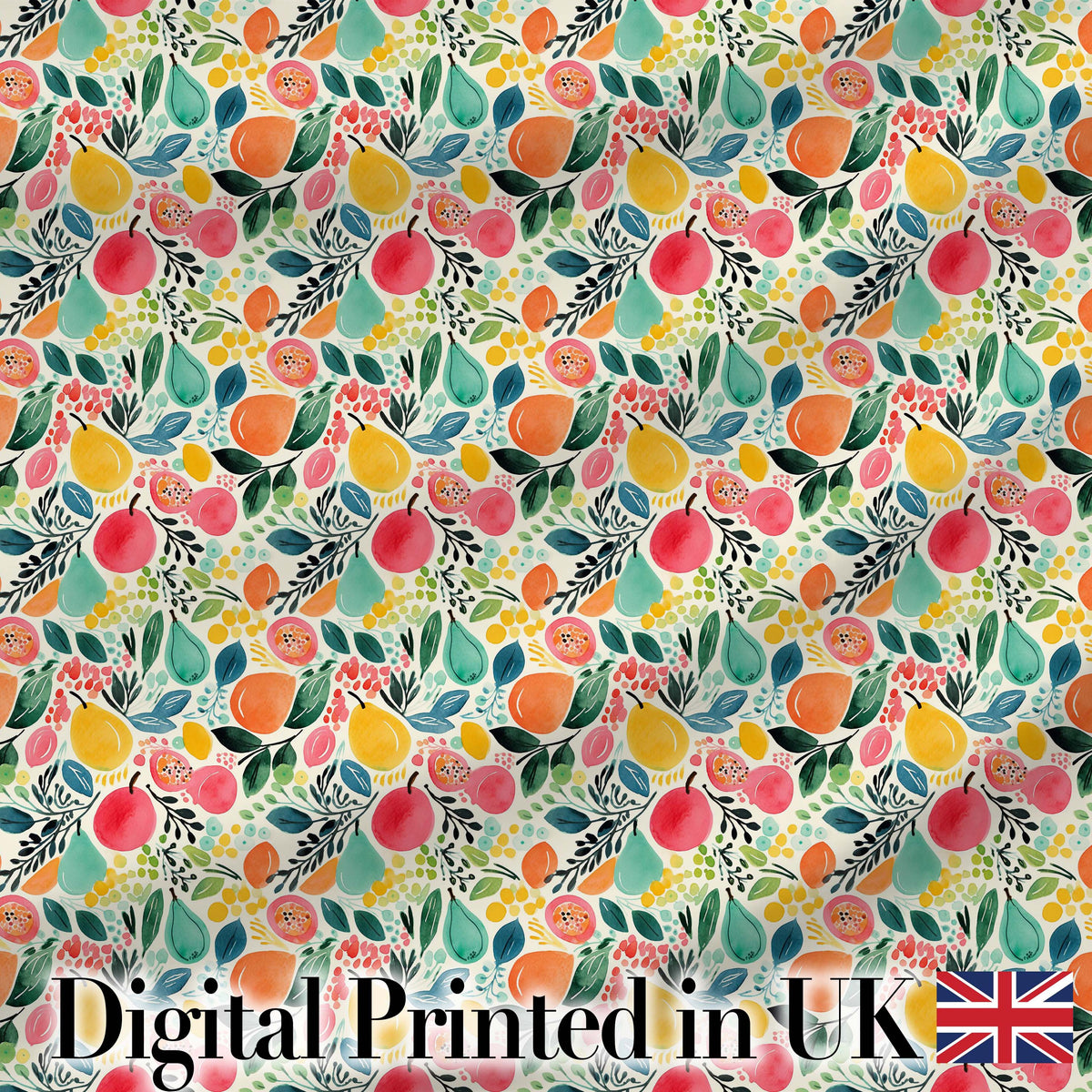 Colorful Watercolor Mixed Fruit and Leaves Seamless Pattern Digital Print Fabric by the Metre UK Sewing Quilting Textile