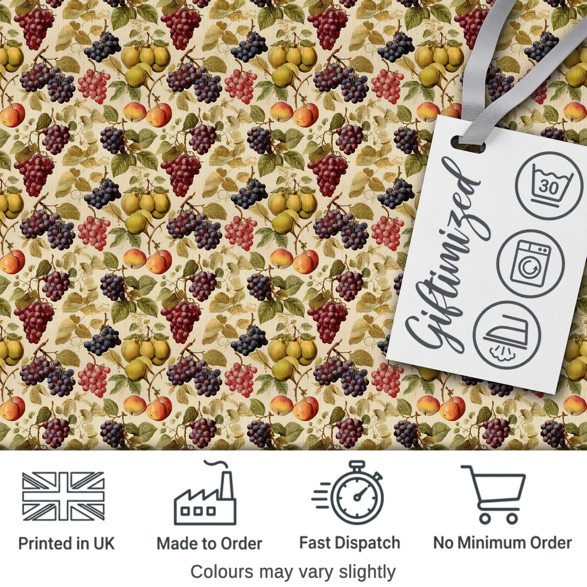 Classic Vintage Grapes Pear and Apple Botanical Seamless Pattern Digital Print Fabric by the Metre UK Sewing Quilting Textile