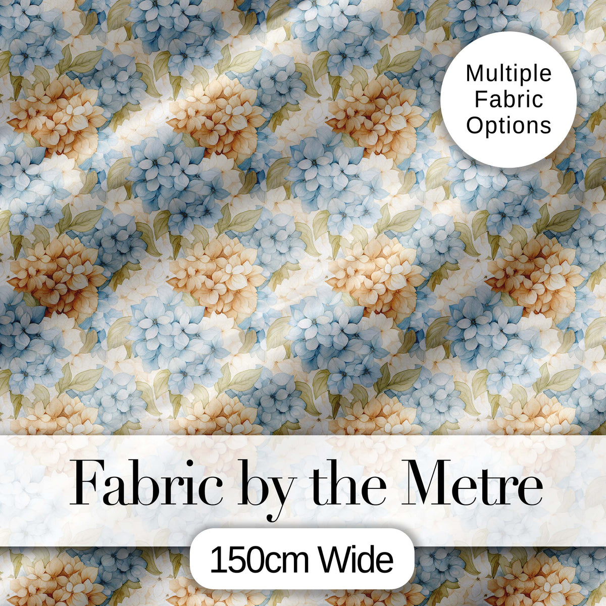Vintage Blue and Cream Hydrangea Floral Seamless Pattern Digital Print Fabric by the Metre UK Sewing Quilting Textile