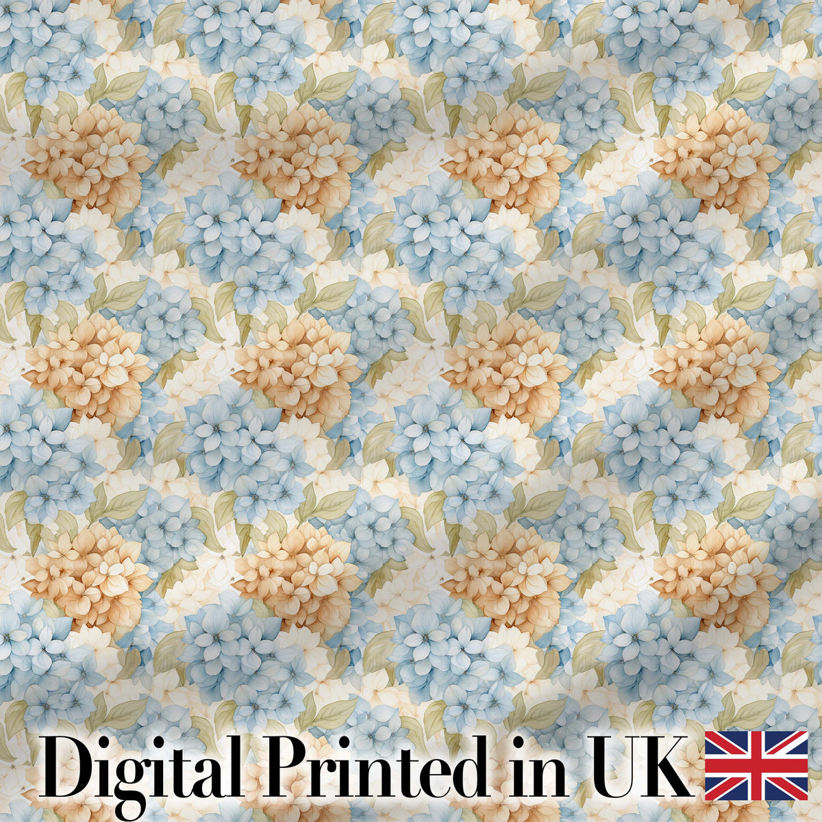 Vintage Blue and Cream Hydrangea Floral Seamless Pattern Digital Print Fabric by the Metre UK Sewing Quilting Textile