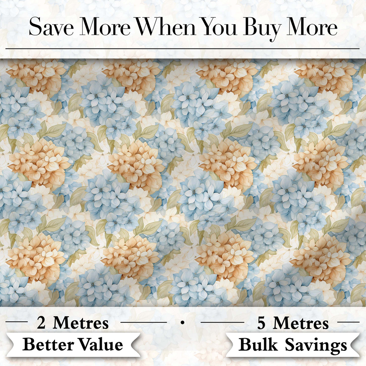 Vintage Blue and Cream Hydrangea Floral Seamless Pattern Digital Print Fabric by the Metre UK Sewing Quilting Textile