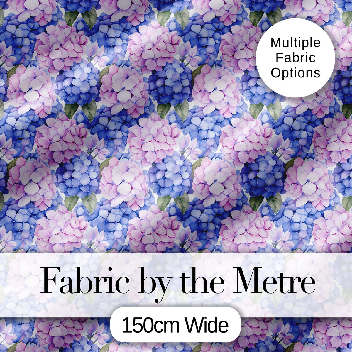 Blue and Pink Hydrangea Blossom Seamless Pattern Digital Print Fabric by the Metre UK Sewing Quilting Textile