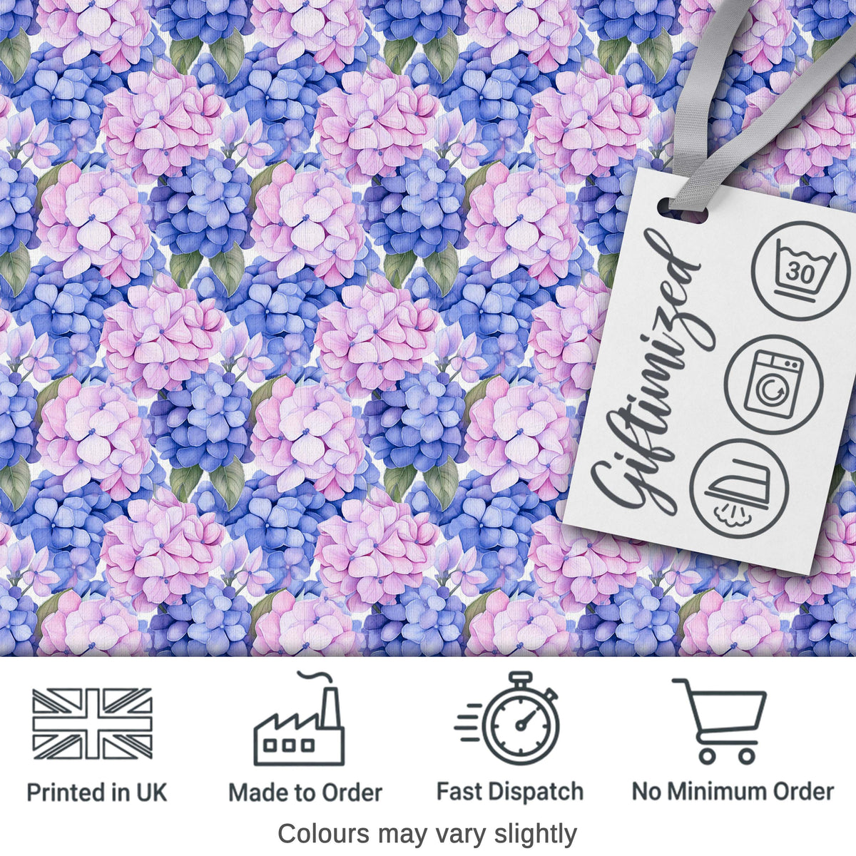 Blue and Pink Hydrangea Blossom Seamless Pattern Digital Print Fabric by the Metre UK Sewing Quilting Textile