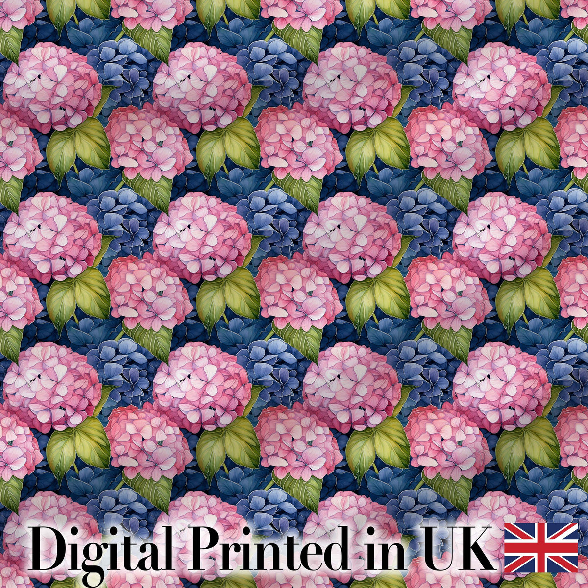 Pink and Blue Hydrangea Floral Seamless Pattern Dark Background Digital Print Fabric by the Metre UK Sewing Quilting Textile