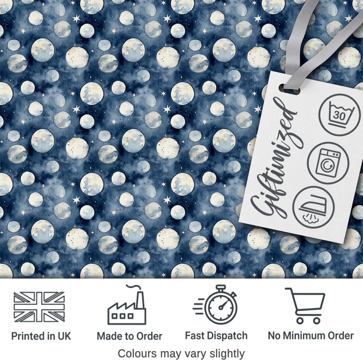 Blue Galaxy Moon Phases and Stars Seamless Pattern Digital Print Fabric by the Metre UK Sewing Quilting Textile