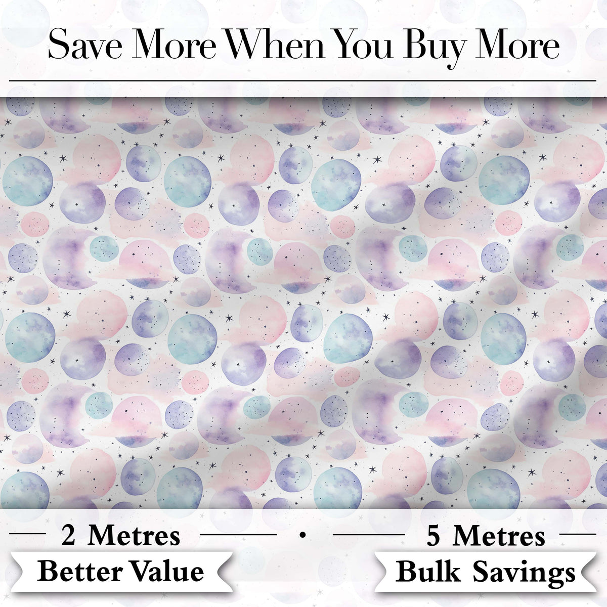 Soft Pastel Galaxy Circles and Stars Seamless Pattern Digital Print Fabric by the Metre UK Sewing Quilting Textile