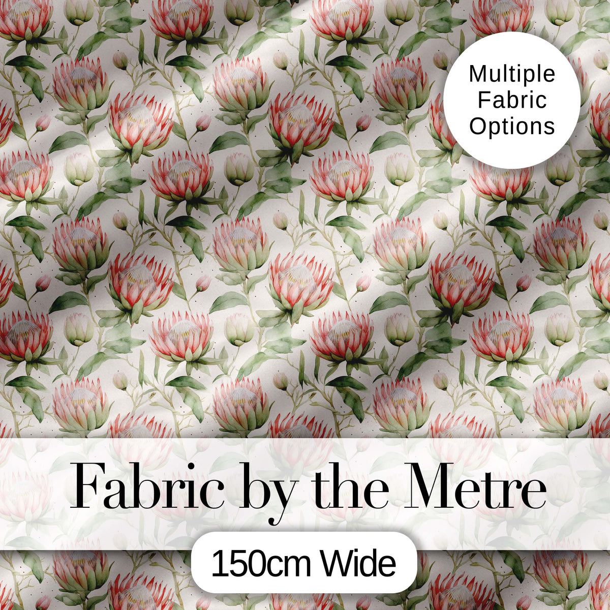 Watercolor Protea Flowers and Green Leaves Seamless Pattern Digital Print Fabric by the Metre UK Sewing Quilting Textile