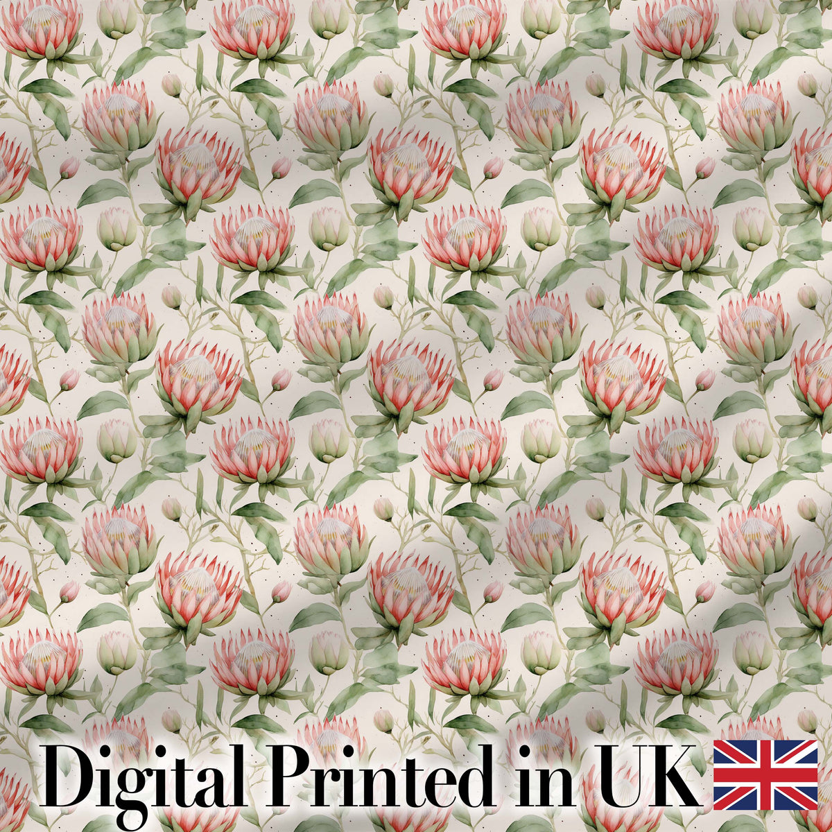 Watercolor Protea Flowers and Green Leaves Seamless Pattern Digital Print Fabric by the Metre UK Sewing Quilting Textile