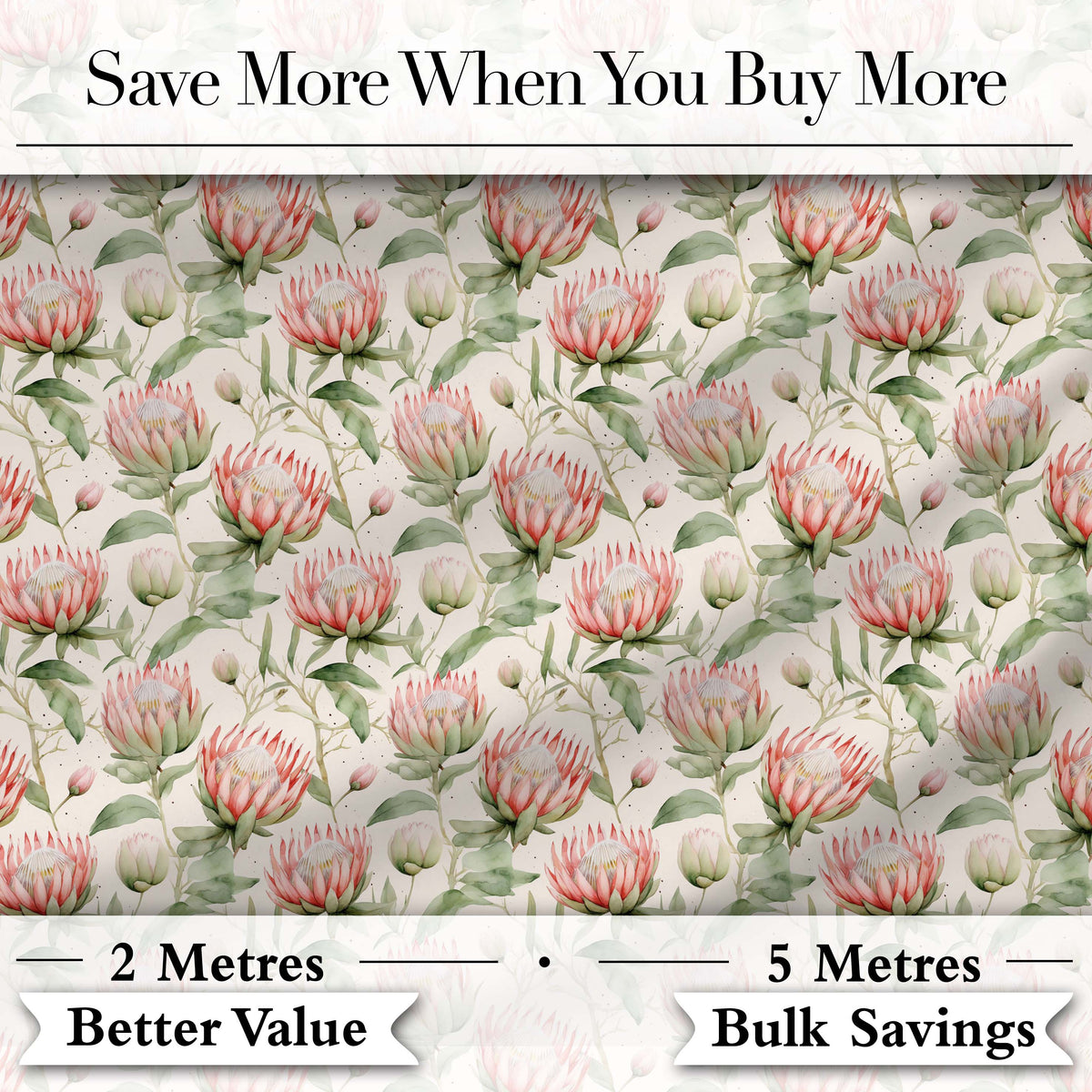 Watercolor Protea Flowers and Green Leaves Seamless Pattern Digital Print Fabric by the Metre UK Sewing Quilting Textile