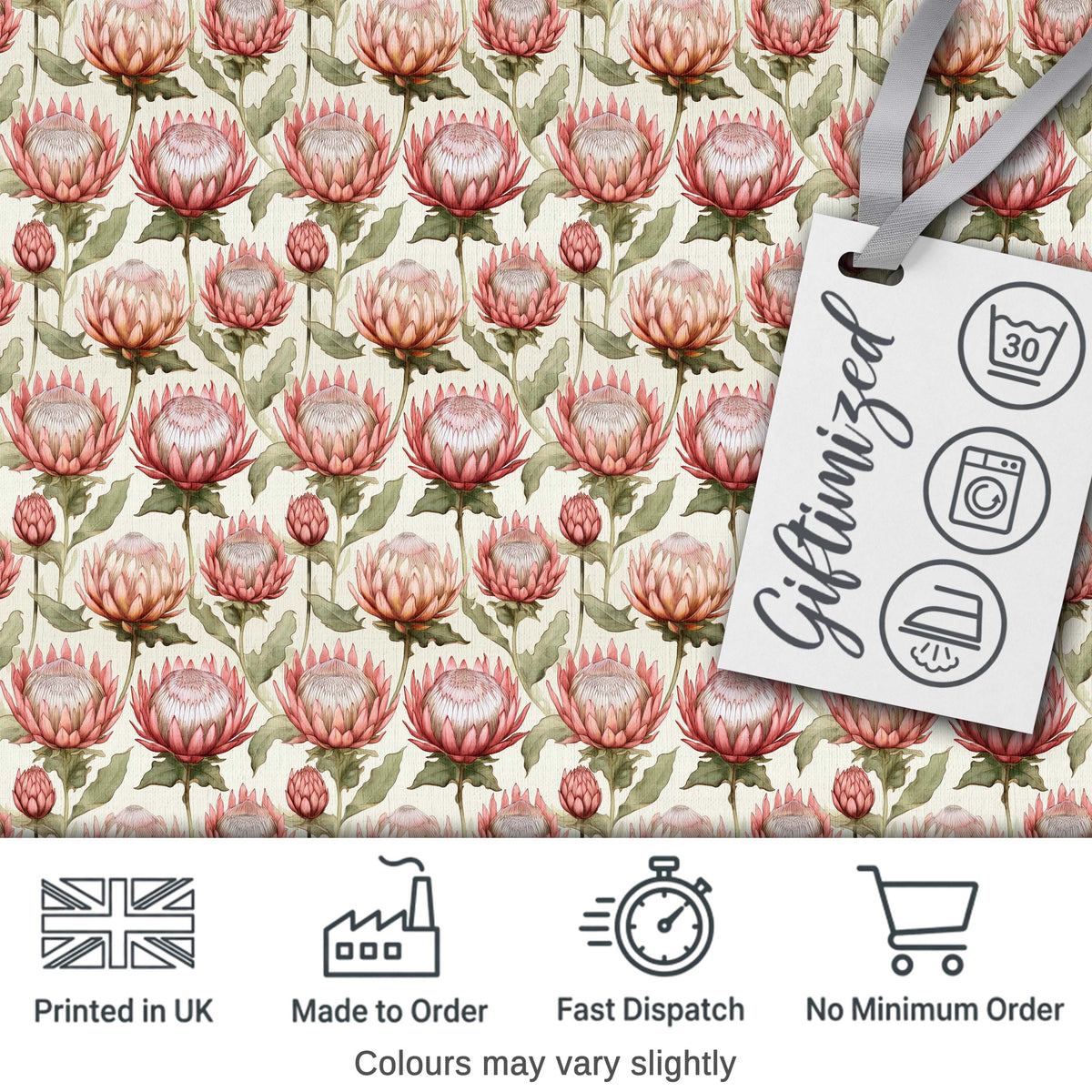 Vintage Protea Floral Botanical Illustration Seamless Pattern Digital Print Fabric by the Metre UK Sewing Quilting Textile