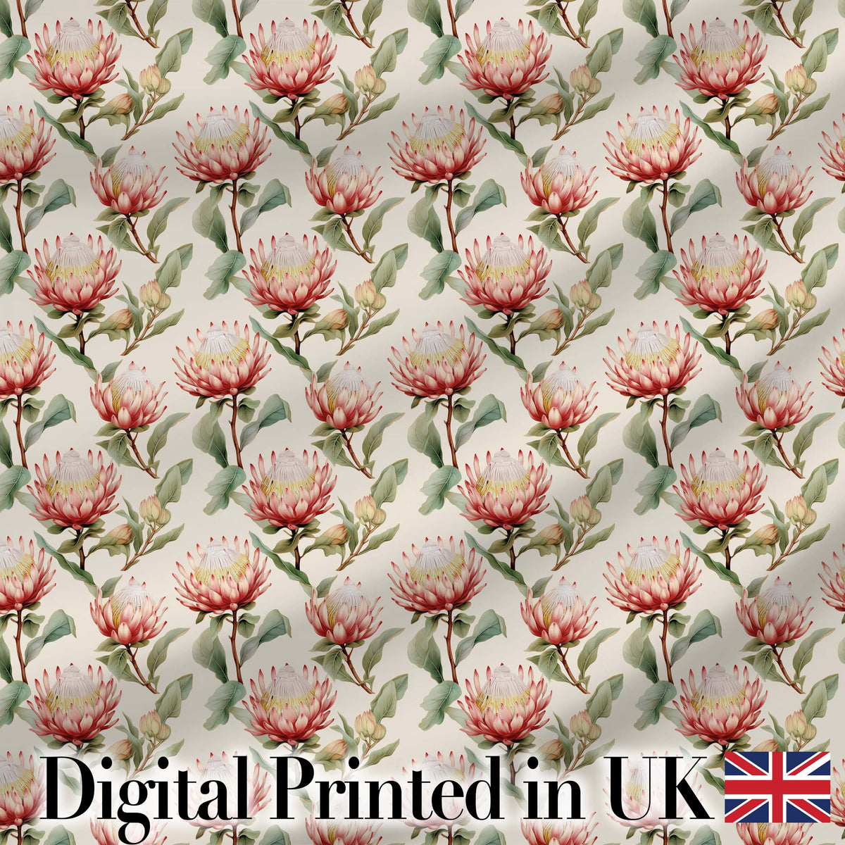 Elegant Pink Protea Botanical Branches Seamless Pattern Digital Print Fabric by the Metre UK Sewing Quilting Textile