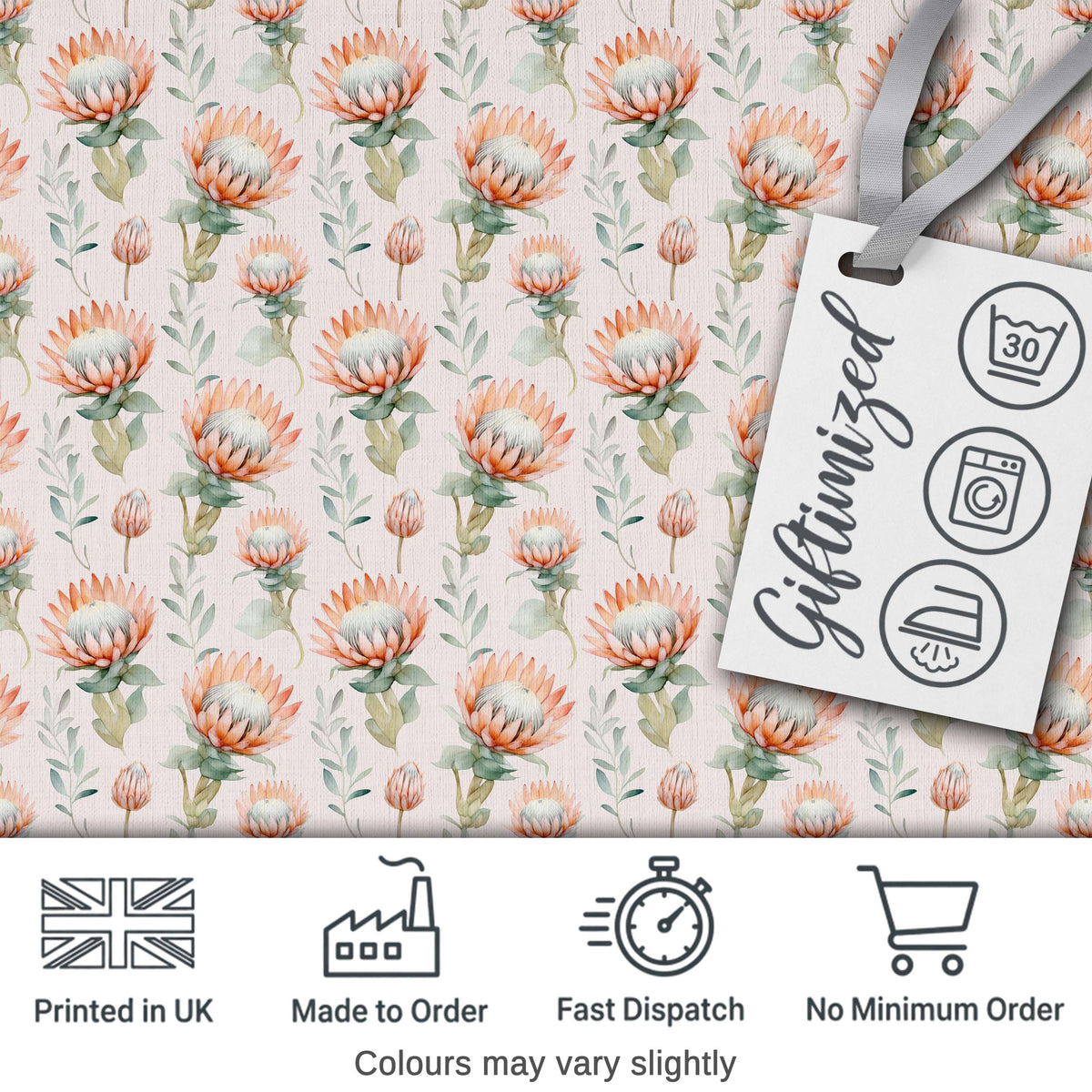 Pastel Protea Flowers with Minimal Leaves Seamless Pattern Digital Print Fabric by the Metre UK Sewing Quilting Textile