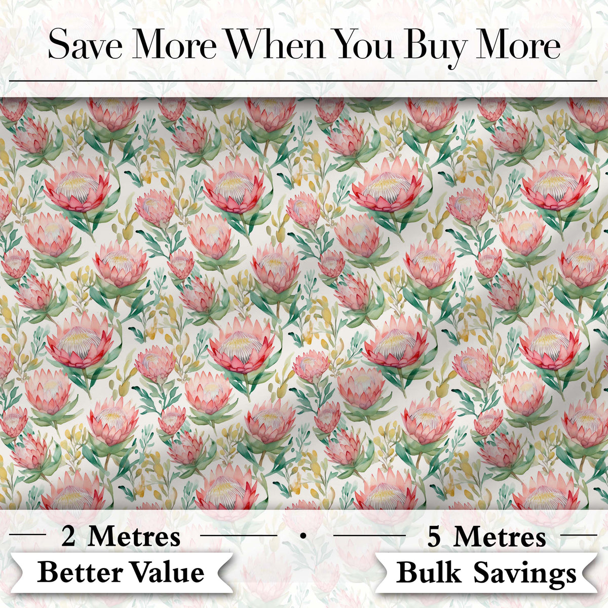 Delicate Protea Floral Bouquet Watercolor Seamless Pattern Digital Print Fabric by the Metre UK Sewing Quilting Textile
