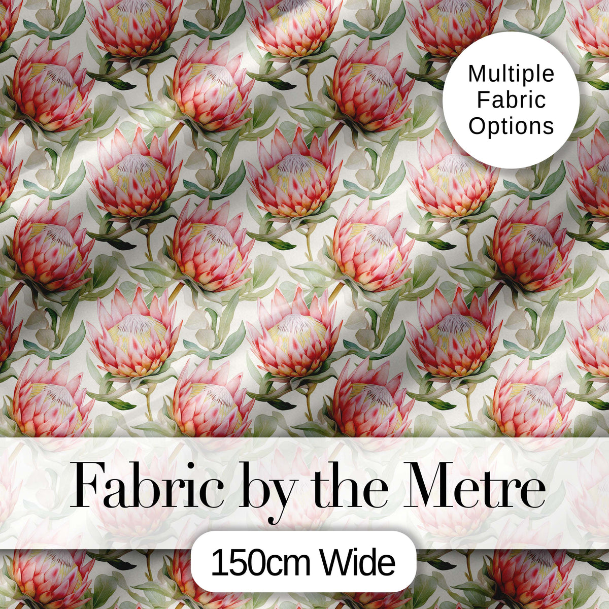 Soft Pink Protea Flowers and Green Leaves Seamless Pattern Digital Print Fabric by the Metre UK Sewing Quilting Textile