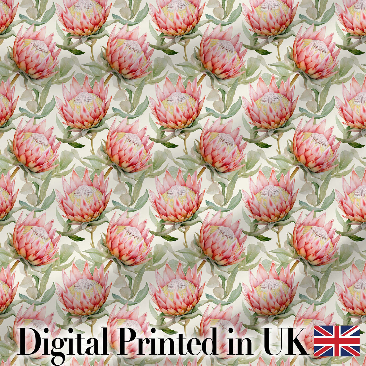 Soft Pink Protea Flowers and Green Leaves Seamless Pattern Digital Print Fabric by the Metre UK Sewing Quilting Textile
