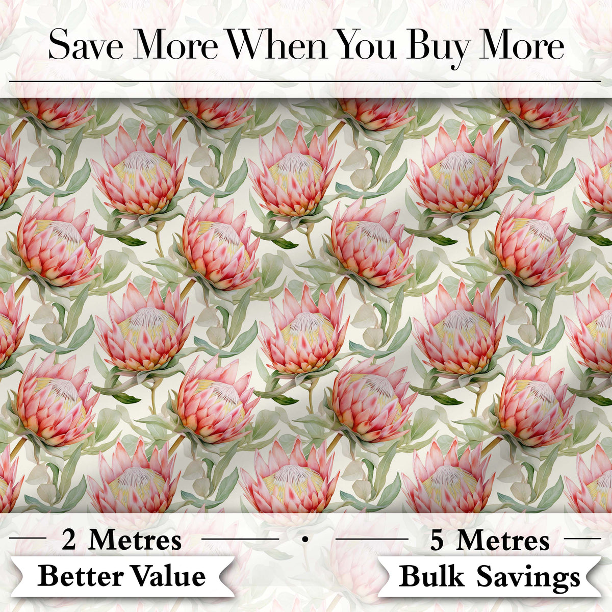 Soft Pink Protea Flowers and Green Leaves Seamless Pattern Digital Print Fabric by the Metre UK Sewing Quilting Textile