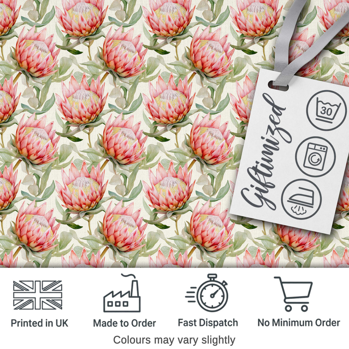 Soft Pink Protea Flowers and Green Leaves Seamless Pattern Digital Print Fabric by the Metre UK Sewing Quilting Textile
