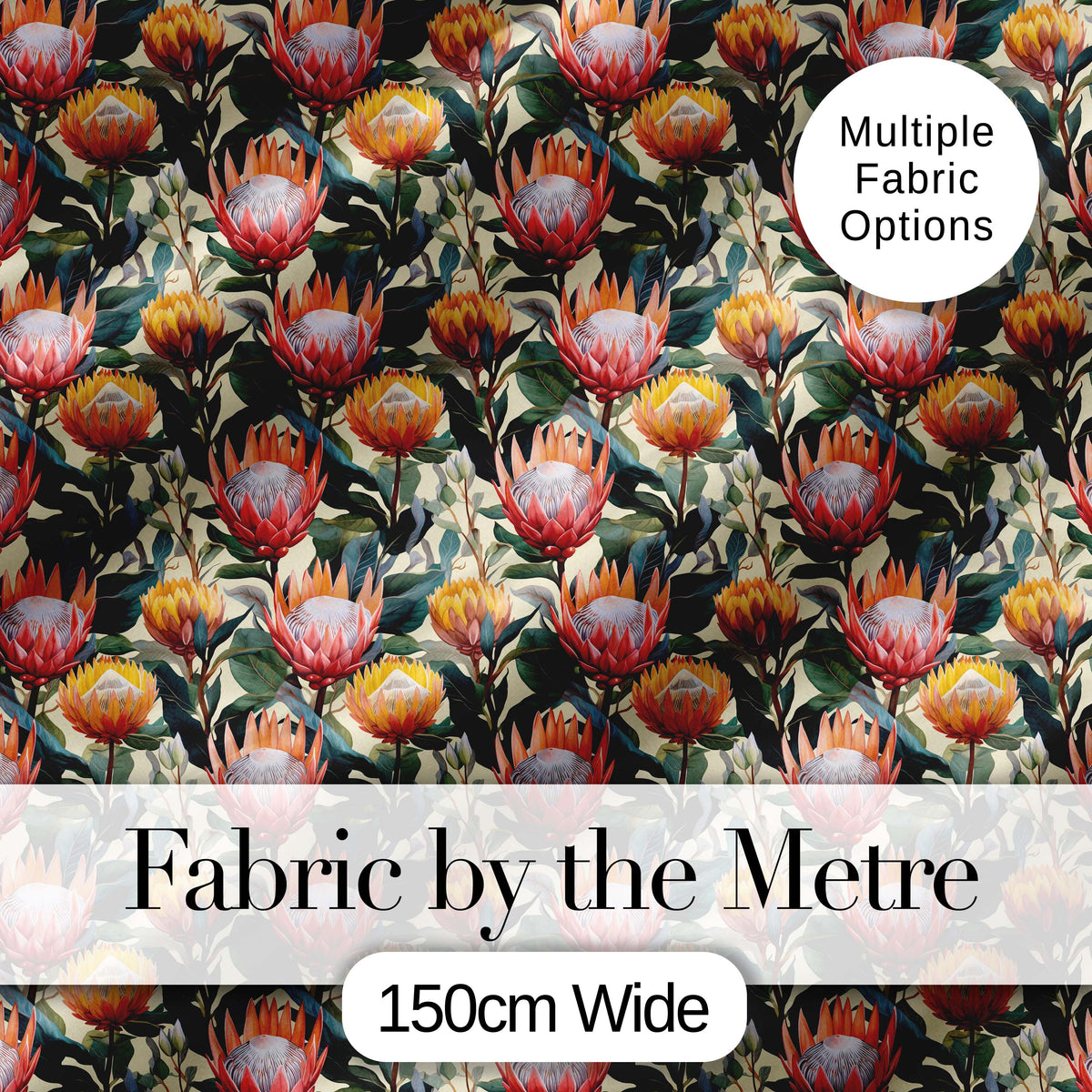 Vibrant Tropical Protea Blooms with Dark Foliage Seamless Pattern Digital Print Fabric by the Metre UK Sewing Quilting Textile