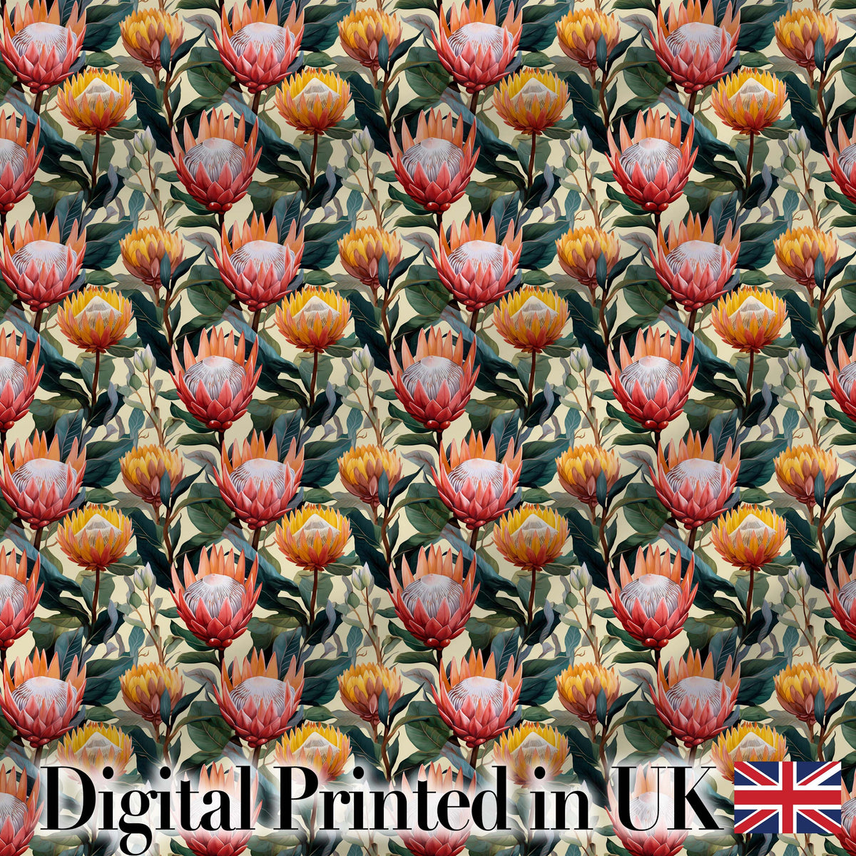 Vibrant Tropical Protea Blooms with Dark Foliage Seamless Pattern Digital Print Fabric by the Metre UK Sewing Quilting Textile