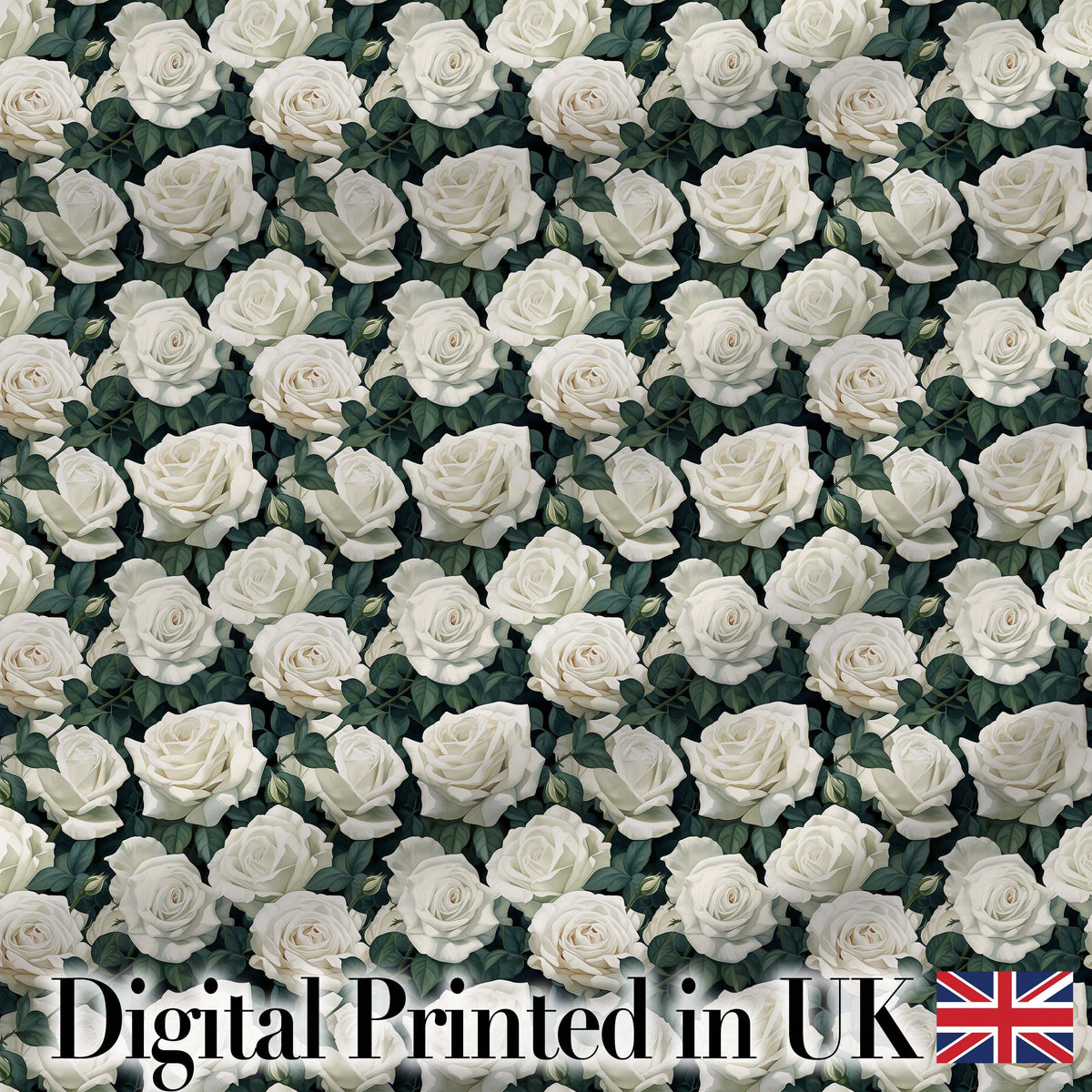 Elegant White Roses with Deep Green Leaves Seamless Pattern Digital Print Fabric by the Metre UK Sewing Quilting Textile
