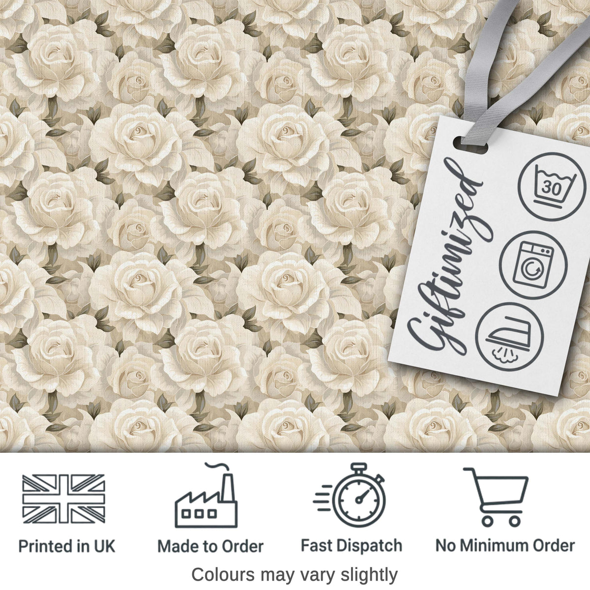 Vintage Cream Rose Floral Seamless Pattern Digital Print Fabric by the Metre UK Sewing Quilting Textile