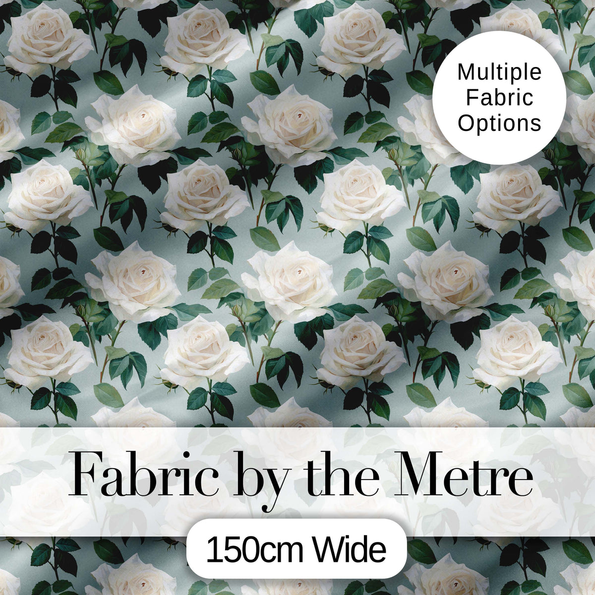 White Roses with Green Leaves on Soft Blue Background Seamless Pattern Digital Print Fabric by the Metre UK Sewing Quilting Textile