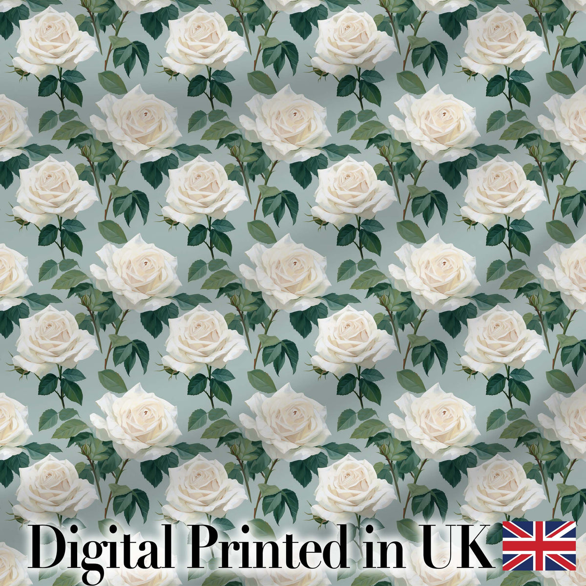 White Roses with Green Leaves on Soft Blue Background Seamless Pattern Digital Print Fabric by the Metre UK Sewing Quilting Textile